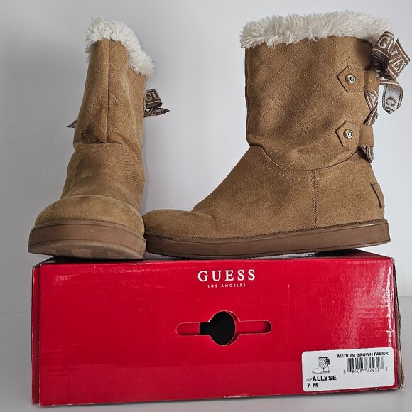 GUESS Allyse Quilted Winter Boots | Faux Fur | Medium Brown | Size 7M - Picture 1 of 6
